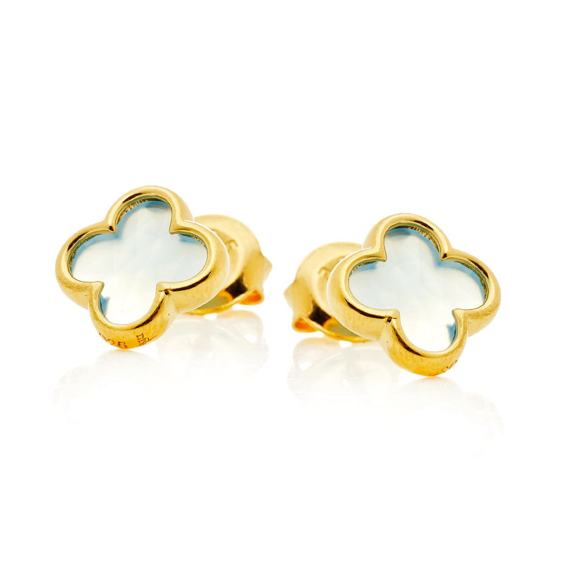 Clous D'Oreilles Trèfle Avec Calcédoine Bleue Teintée En Argent Doré 925