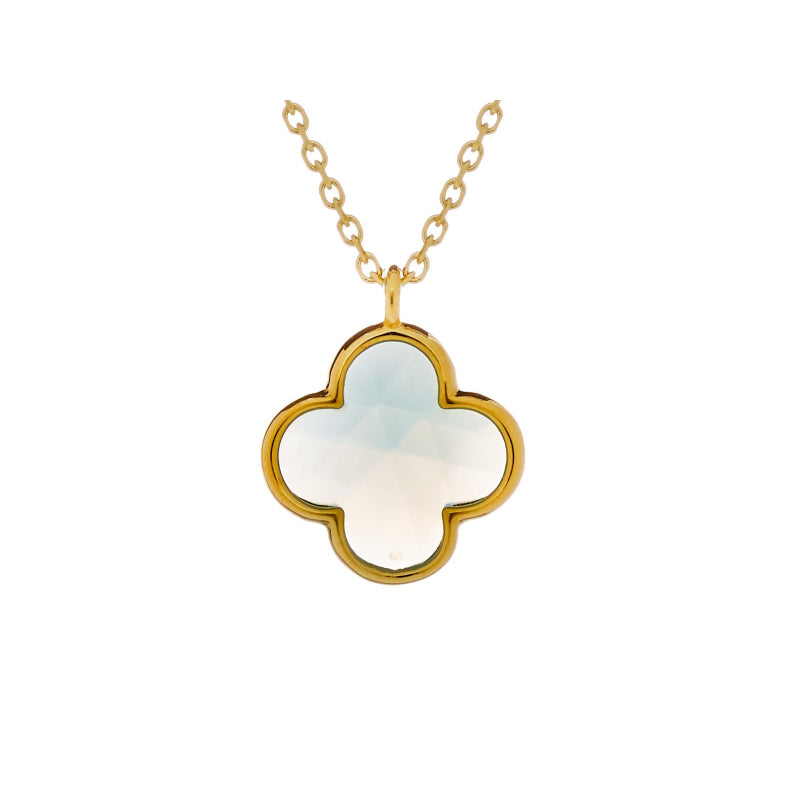 Collier Trèfle Calcédoine Bleue Teintée Argent Doré Longueur Ajustable 42 45 cm
