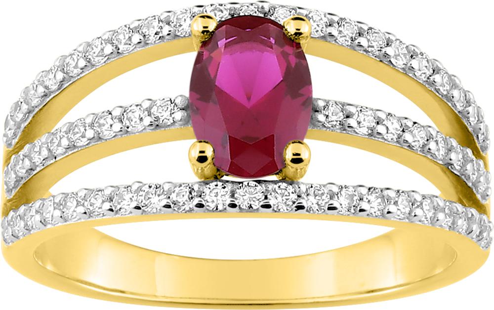 Bague en plaqué or ajourée trois rangs d'oxydes blancs et oxyde rouge cental
