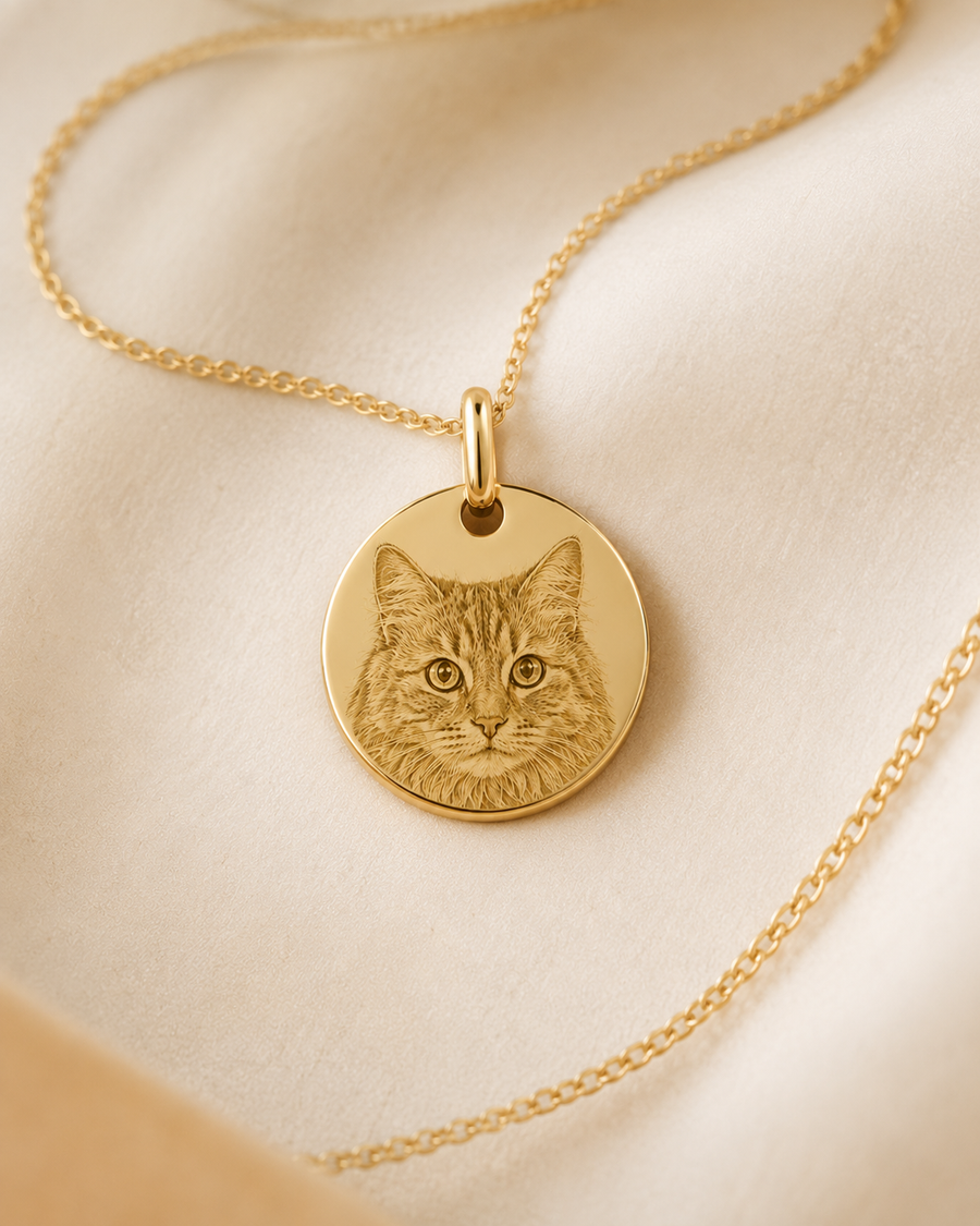 Packshot médaille et chaîne photogravées chat