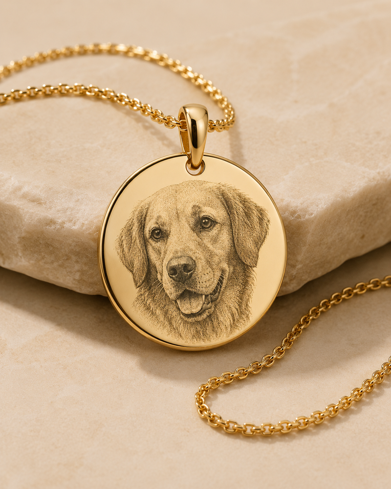 Packshot médaille et chaîne photogravées chien