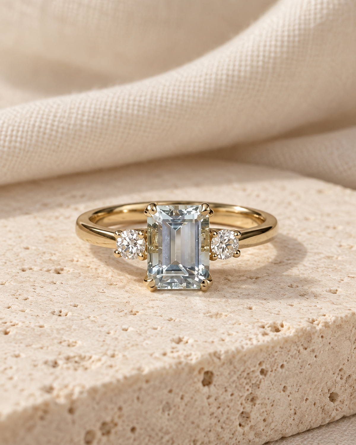 Bague Vigoureux en or jaune, aigue-marine et diamants sur décor minéral
