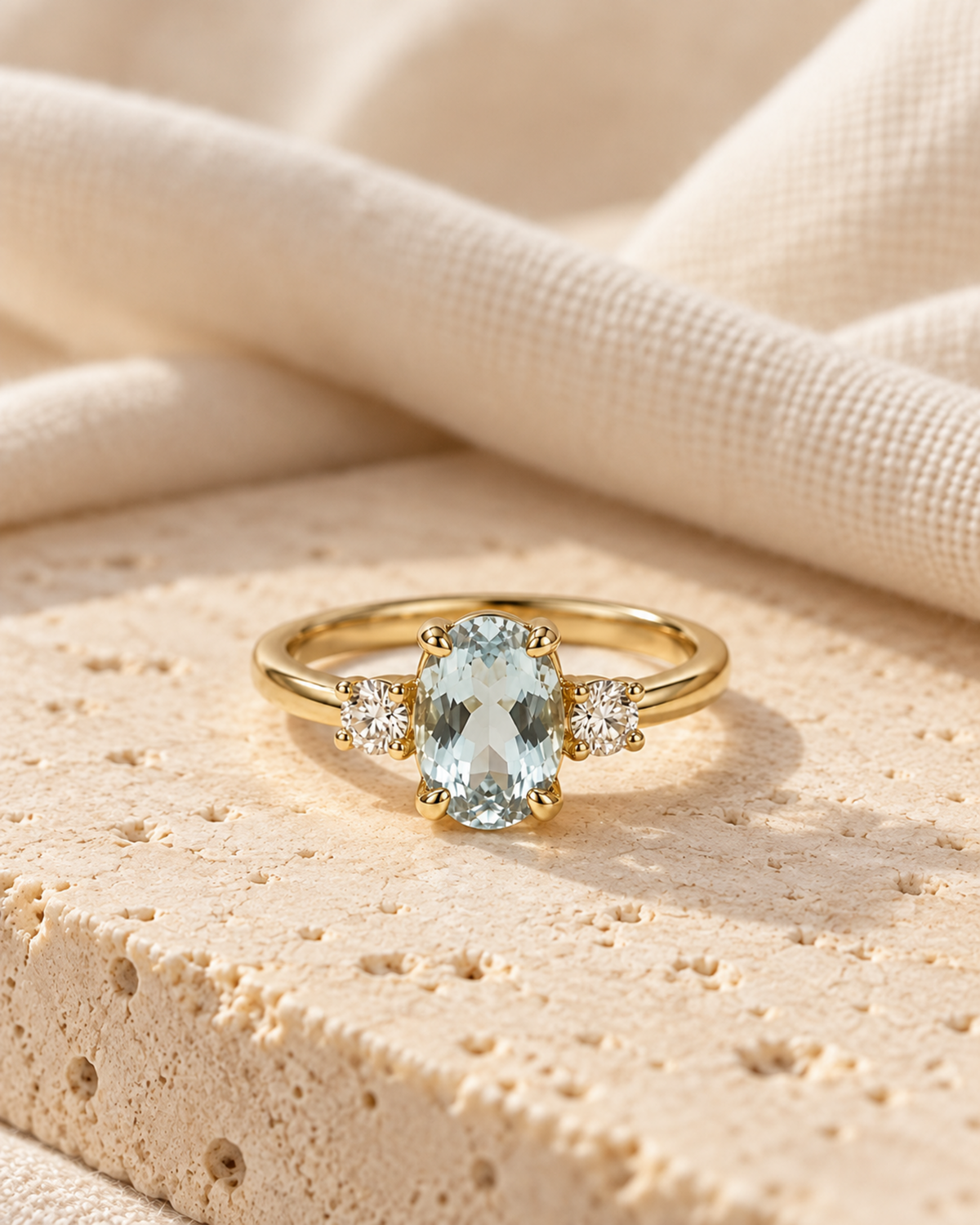 Bague Vigoureux en or jaune, aigue-marine ovale et diamants sur décor minéral