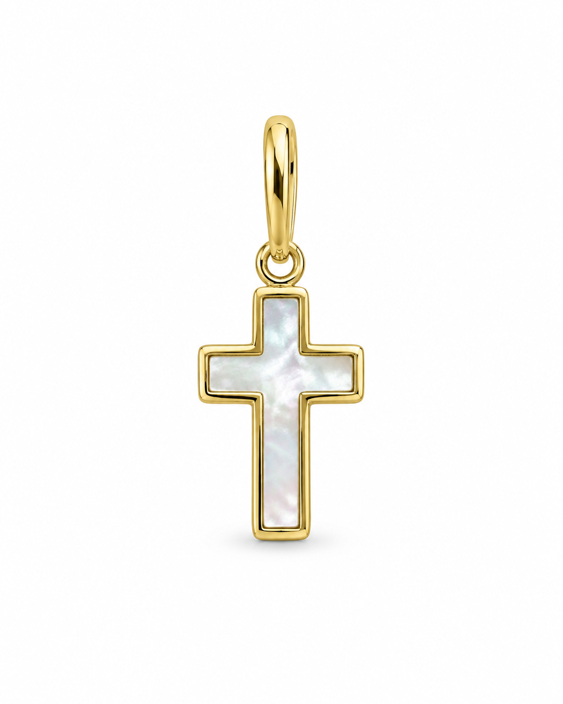 Pendentif croix en nacre et or jaune 9 carats sur fond blanc