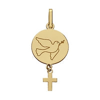 Médaille En Or Jaune 375M Diamètre 12 Mm Colombe Gravée Pampille Croix