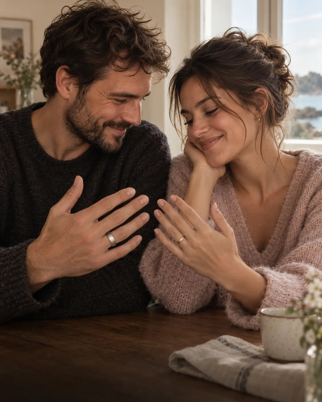 Un couple compare au doigt deux alliances différentes, une fine en or jaune et l’autre plus large en métal blanc.