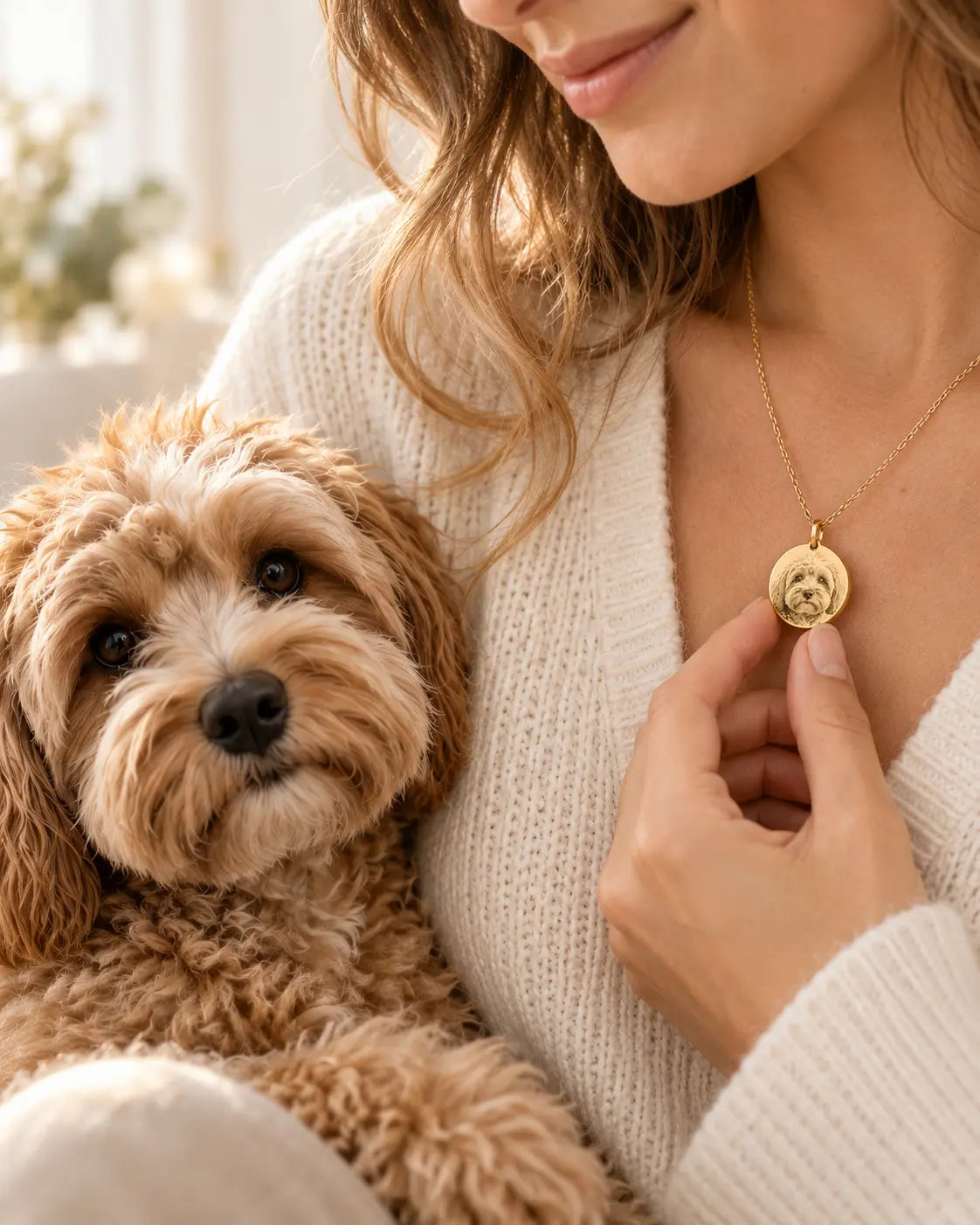 Femme portant un médaillon inspiré de la photo de son chien