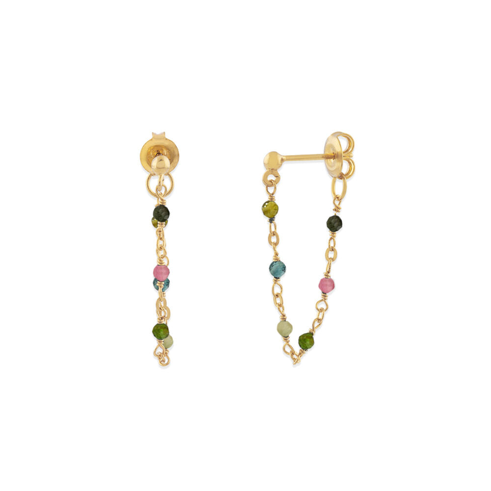 Boucles D'Oreilles Argent Doré Avec Chaîne Et Pierres Naturelles Tourmaline
