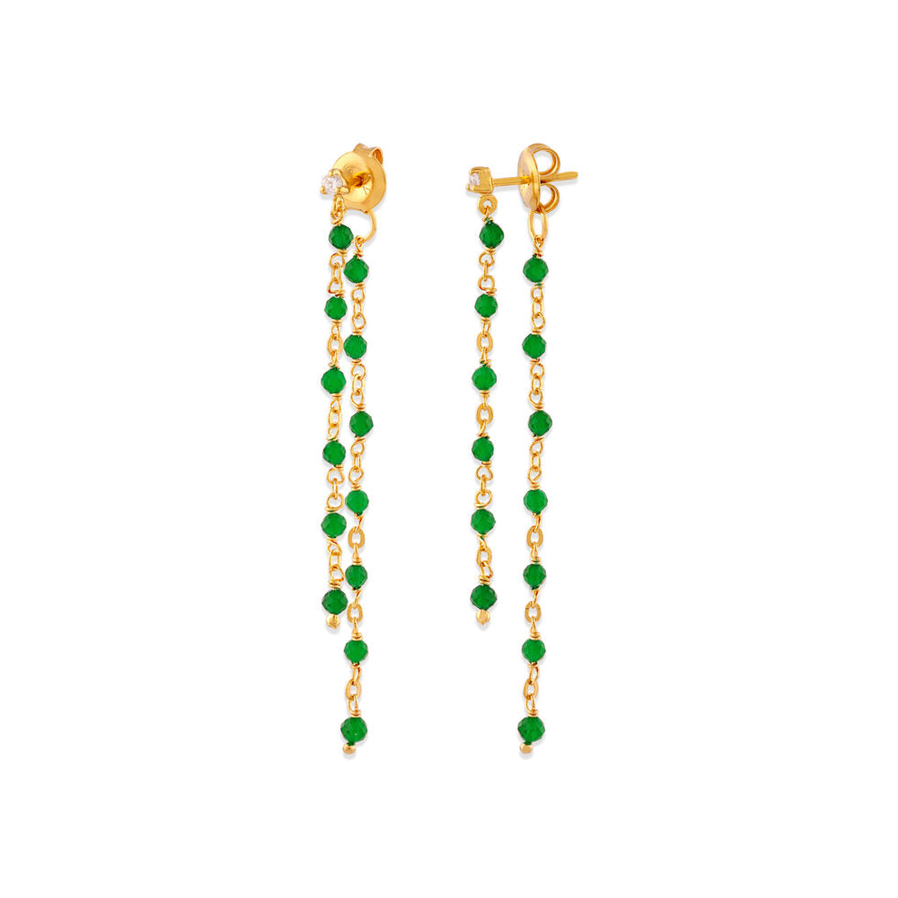 Boucles D'Oreilles Argent Dorée Double Chaîne Longue Pierres Onyx Vert