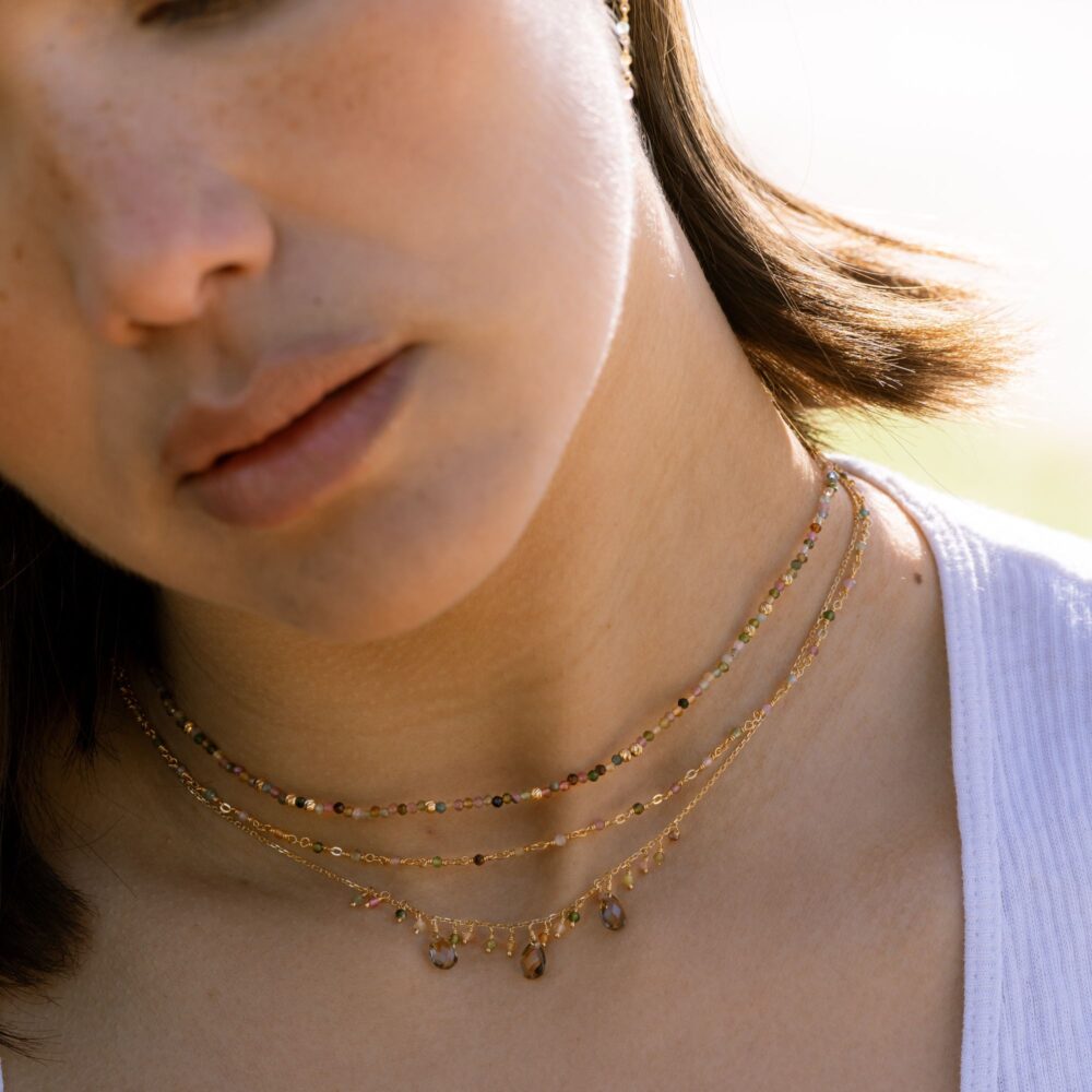 Collier Argent Doré Avec Pierres Naturelles Tourmaline