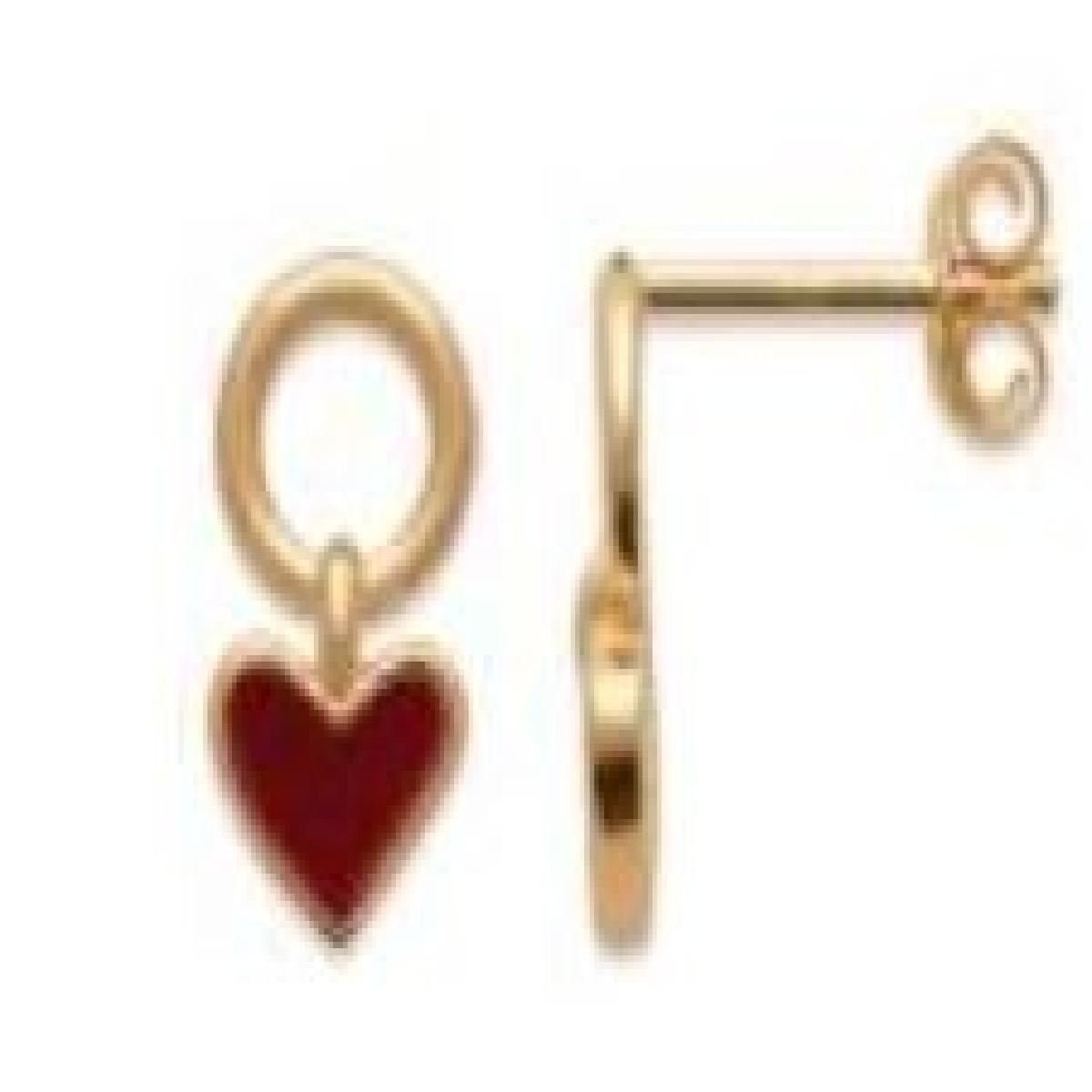 Boucles D'Oreilles Puces Cœur Email Rouge Et Fermoir Papillon – Plaqué Or Jaune 3 Microns
