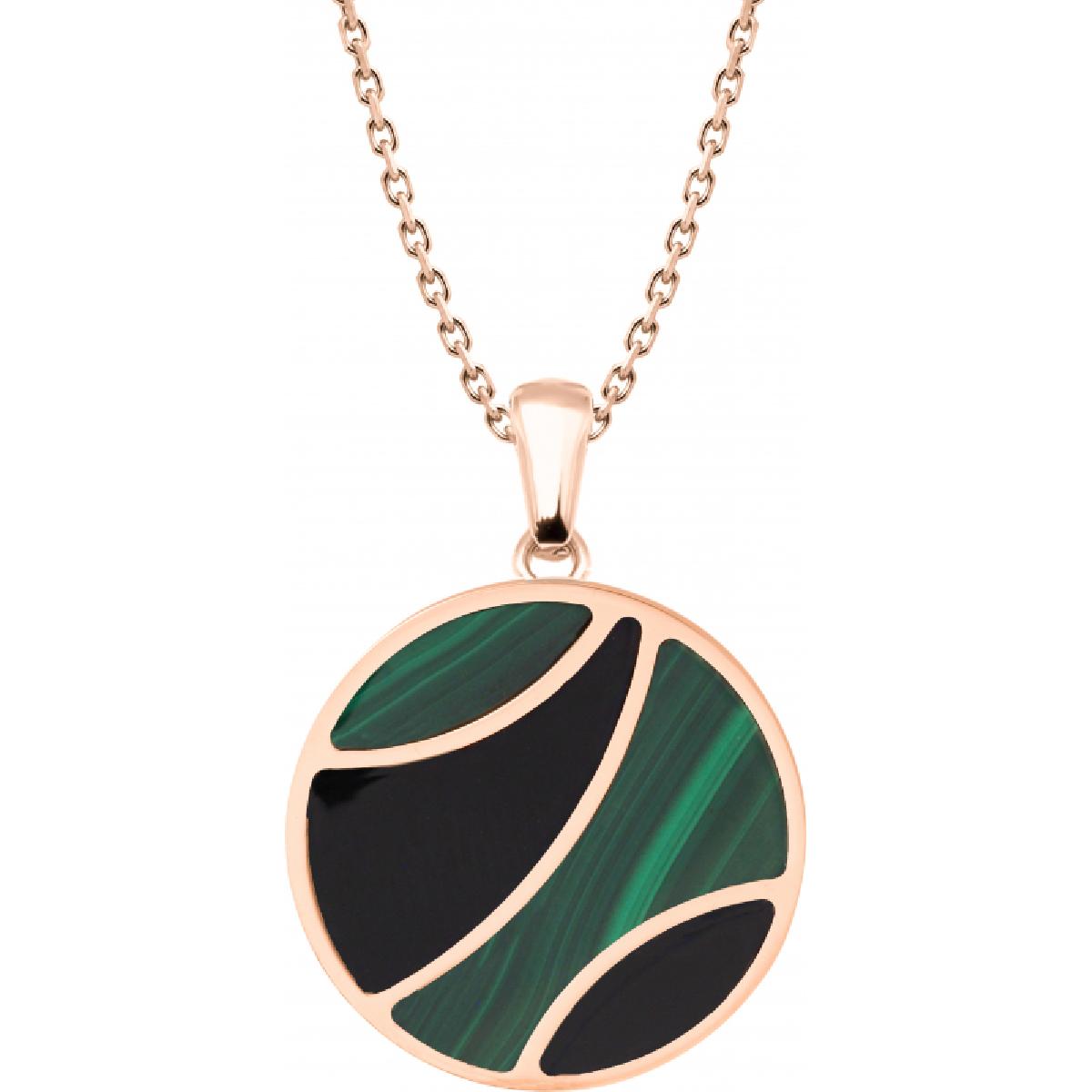 Collier Pendentif Rond Malachite Et Onyx Véritables Design ALOÏZE – Acier Rosé 316L