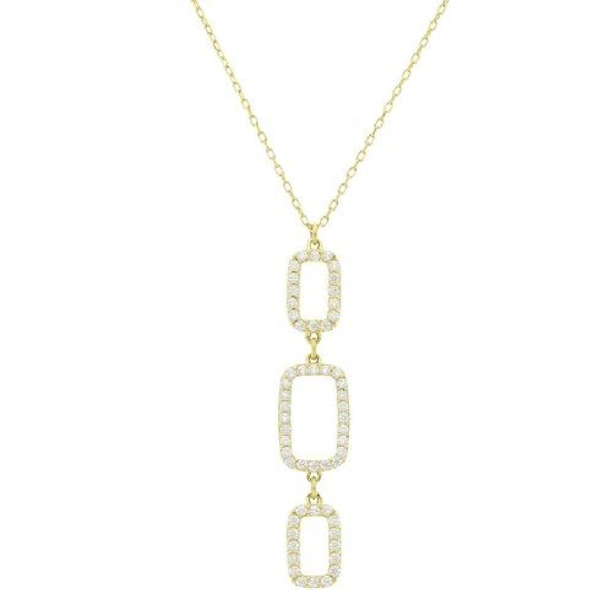 Collier AG925 Pendentif Composé de Trois Rectangles Ajourés Sertis d'Oxydes de Zirconium – Argent Doré