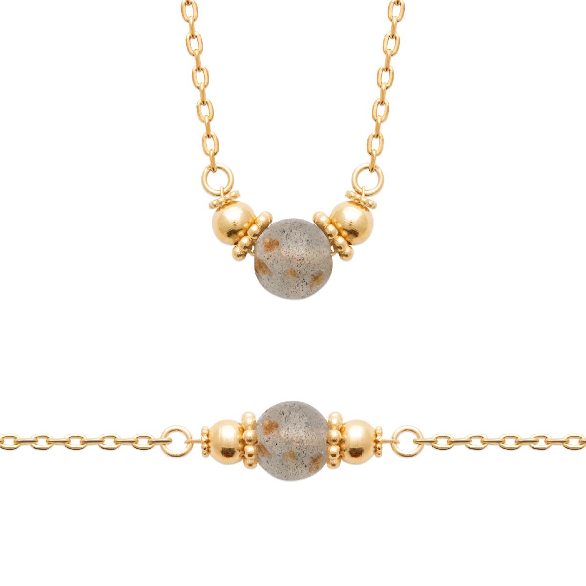 Collier Labradorite Bille centrale perlée et Disques perlés – Plaqué Or 3 microns