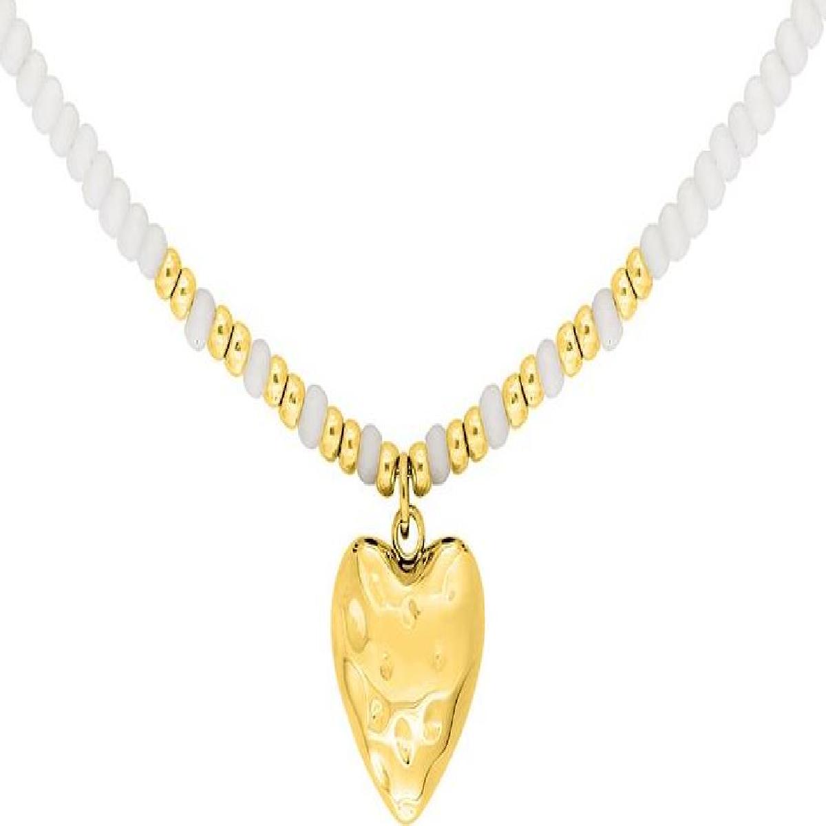 Collier Cœur Martelé Pendentif Central Détails Bagues Et Verre Blanches Chaîne Fine – Acier Doré