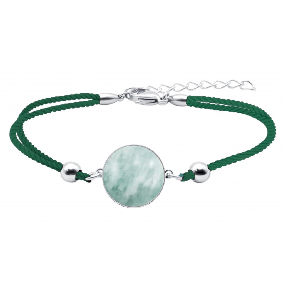 Bracelet Amazonite Ronde 18 Mm Sur Cordon Double Vert Foncé Tressé – Acier Inoxydable
