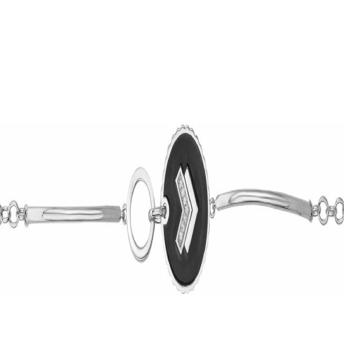Bracelet AG925 – Argent 925, Oxydes de Zirconium, Longueur 17 cm, Médaille Laquée Noire à Motifs Triangulaires