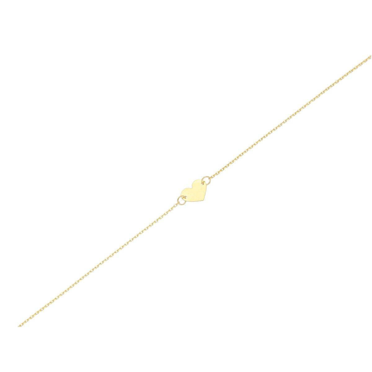 Bracelet en Or Jaune 9 Carats avec Coeur Plat, Maille Forçat, Fermoir Anneau Ressort, Longueur 19 Cm