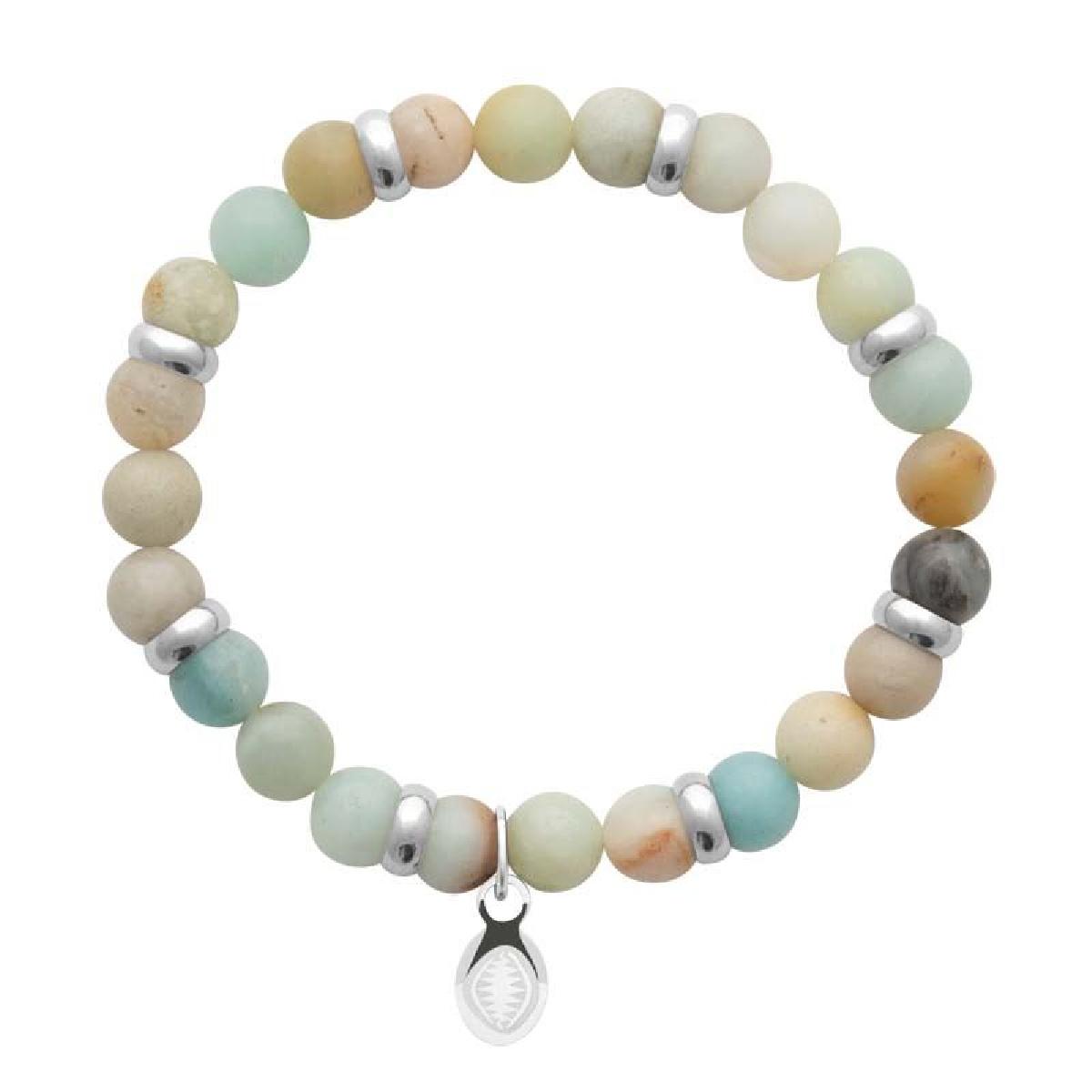Bracelet Élastique Amazonite Ronde Facettée Gravée Motifs Paillons - Acier Inoxydable