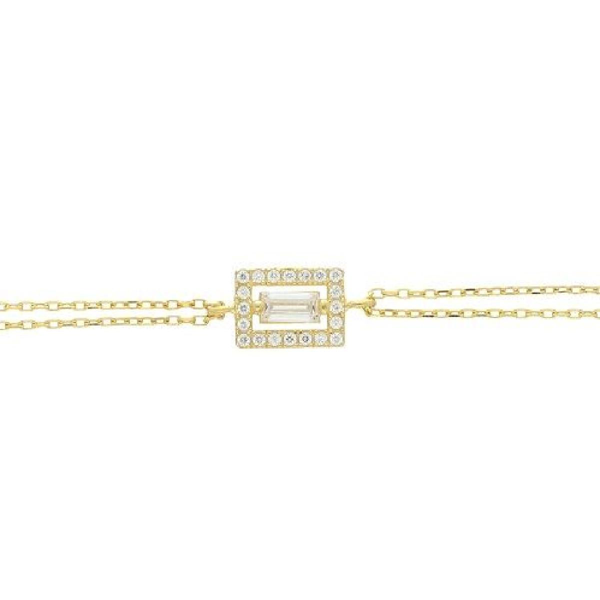 Bracelet AG925 à Double Chaîne Rectangulaire avec Pendentif Ajouré et Oxyde Central – Or Jaune 18 Carats