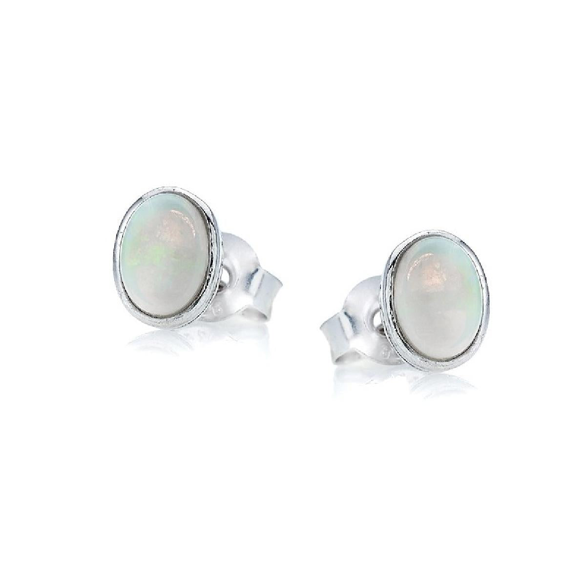 Boutons D'Oreilles Opale Blanche Cabochon Transparent Irisé Lumineux – Argent 925