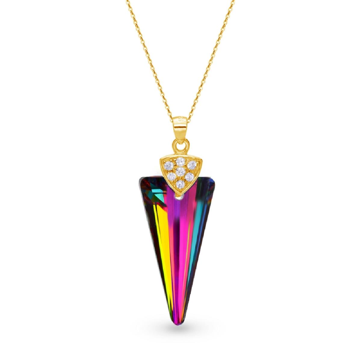 Collier AG925 Argent Doré 925/1000e Pendentif Pavé Triangle Zirconium et Cristal Vitrail
