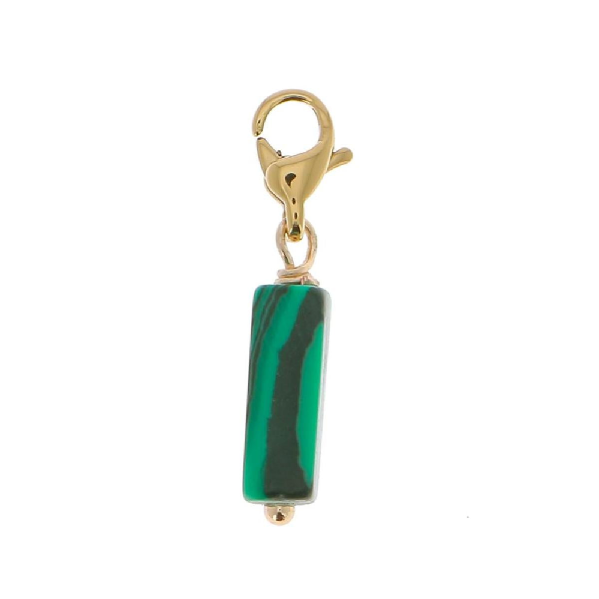 Pendentif Tube Malachite Véritable Avec Fermoir Mousqueton Et Adaptation Pour Chaîne À Large Maille – Acier Doré