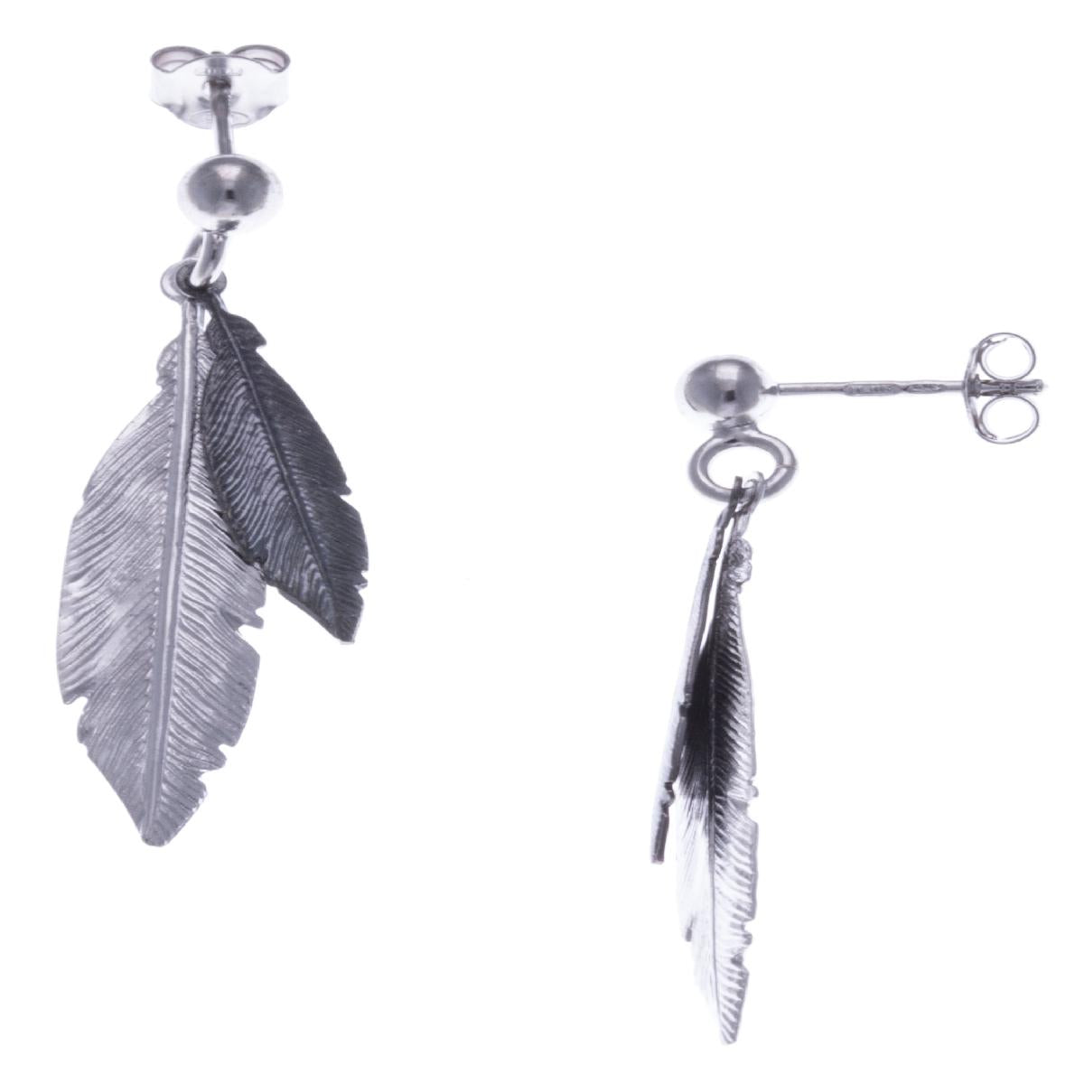 Boucles d'oreilles plume AG925 – Argent Rhodié et Noir, pendantes à poussettes