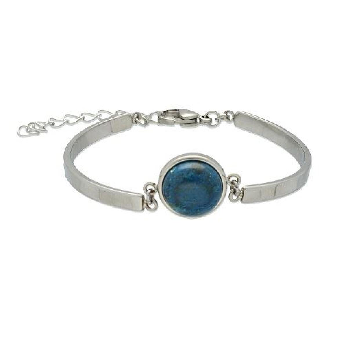 Bracelet Semi-rigide Chrysocolle Cabochon Bleu Vert Central Serti Acier Inoxydable