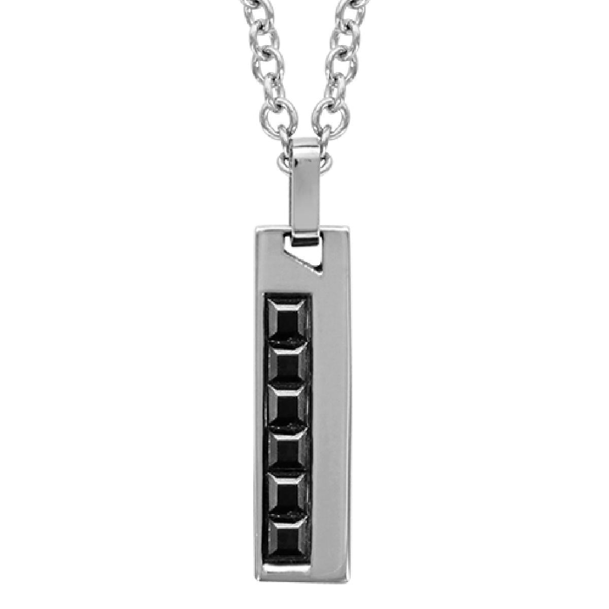 Collier Pendentif Rectangulaire À Cinq Pierres Noires Carrées Et Motif Épuré – Acier