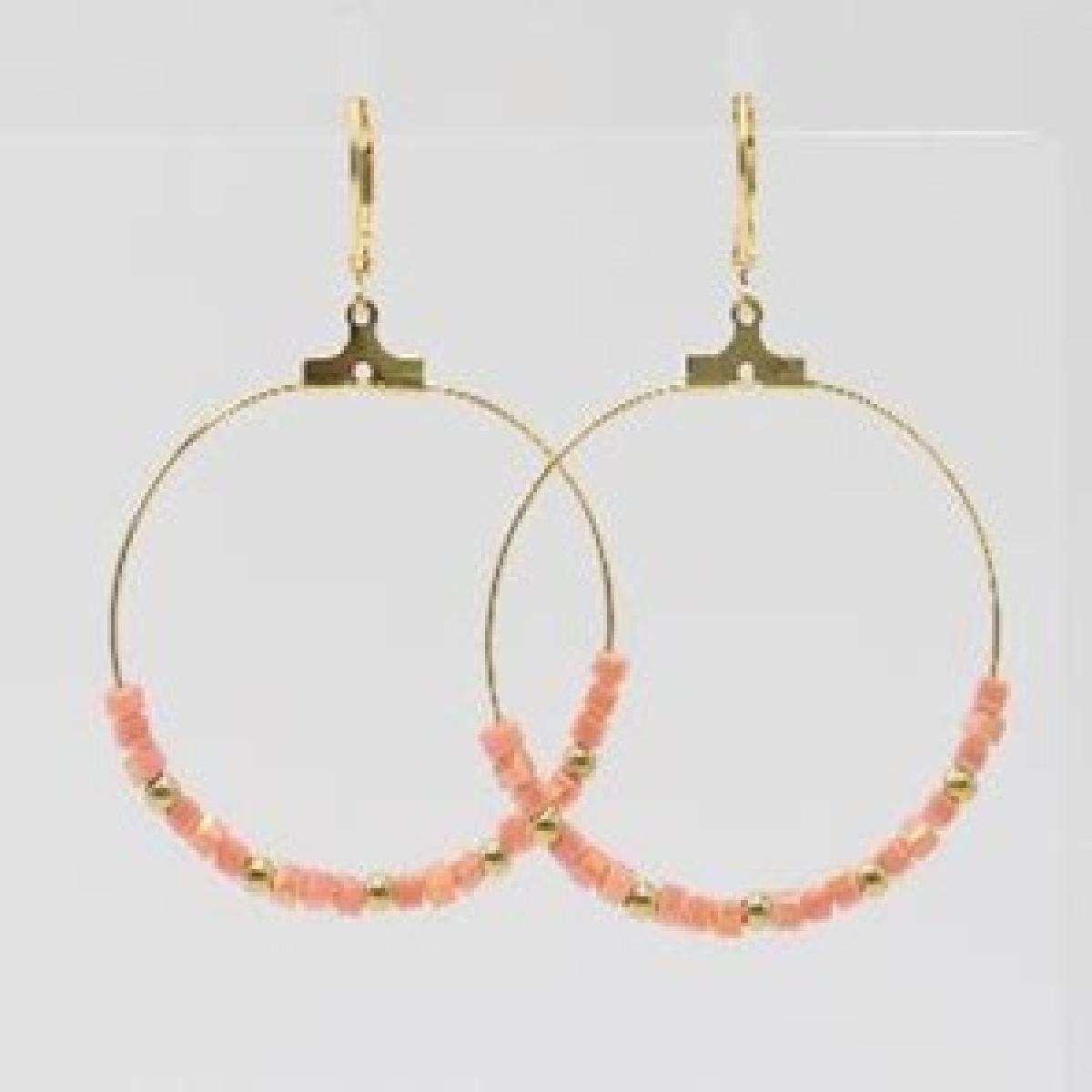 Boucles D'Oreilles – Acier Doré Avec Cristaux Carrés Orange Et Reflets Rose Violet