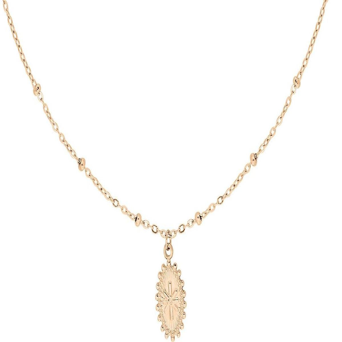 Collier Maille Bille Fine Pendentif Ovale Perlé Étoile en Relief – Acier Inoxydable Rose