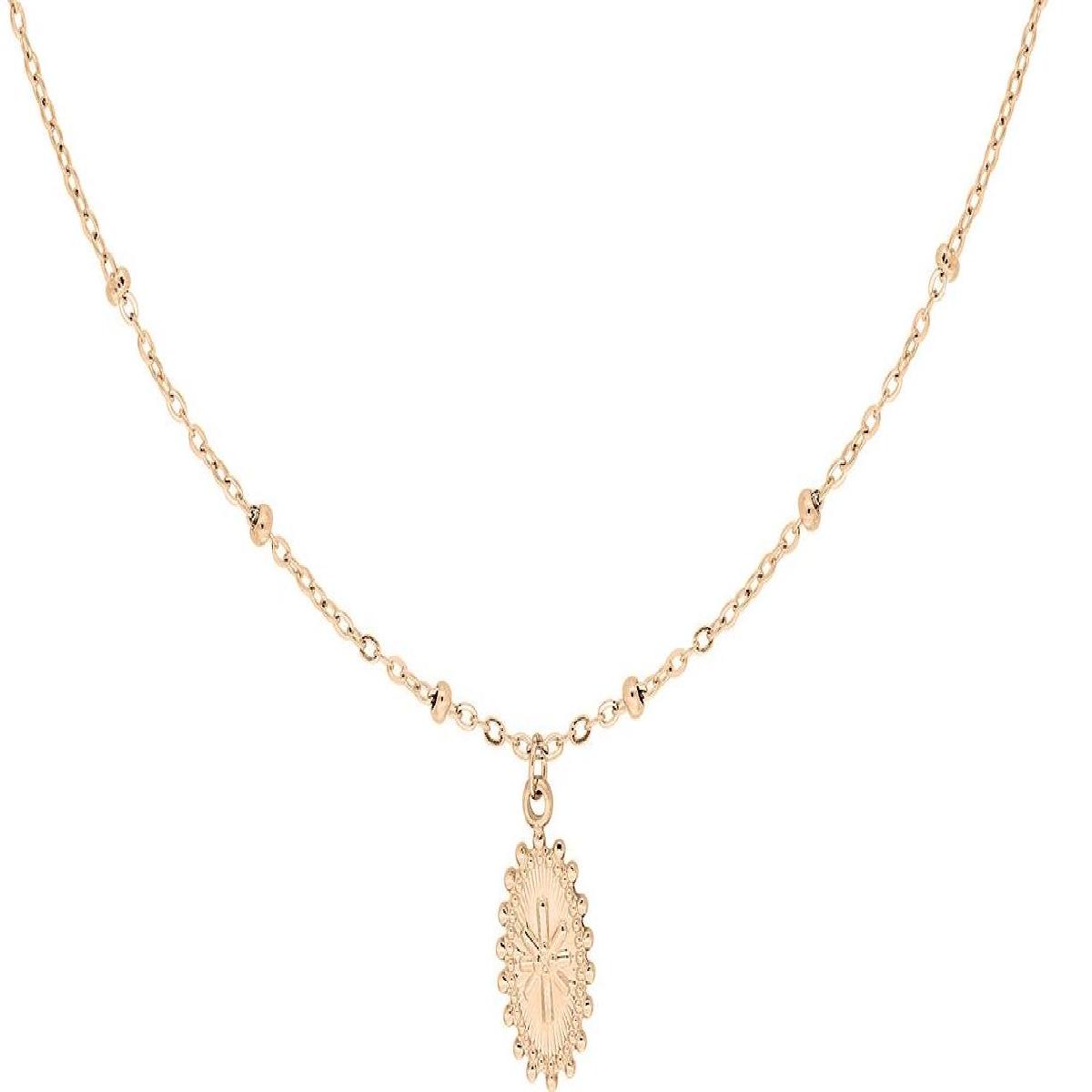 Collier Maille Bille Fine Pendentif Ovale Perlé Étoile en Relief – Acier Inoxydable Rose