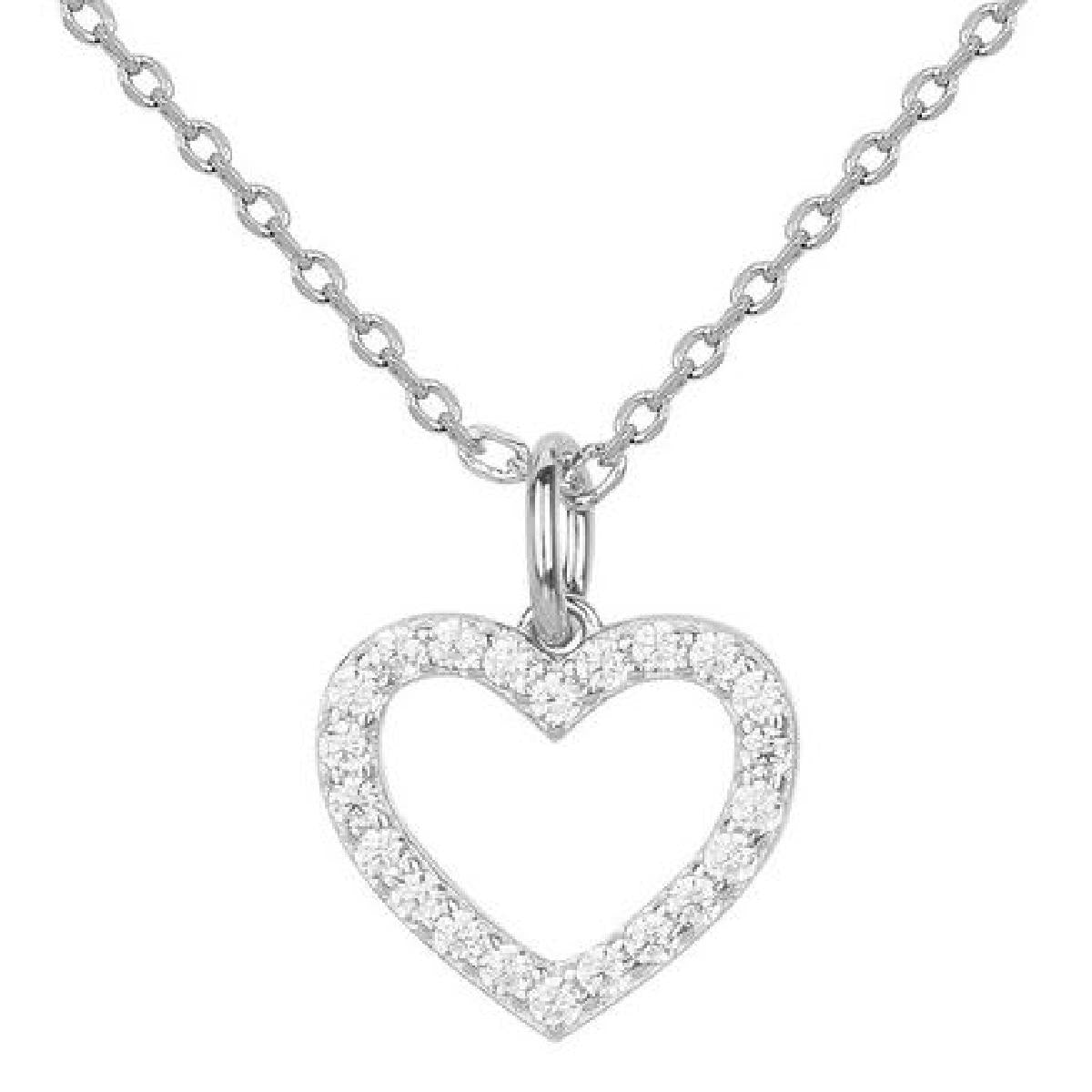 Collier AG925 Argent Rhodié 925/1000 Cœur Ajouré Sertie D'Oxydes De Zirconium Fin Et Léger