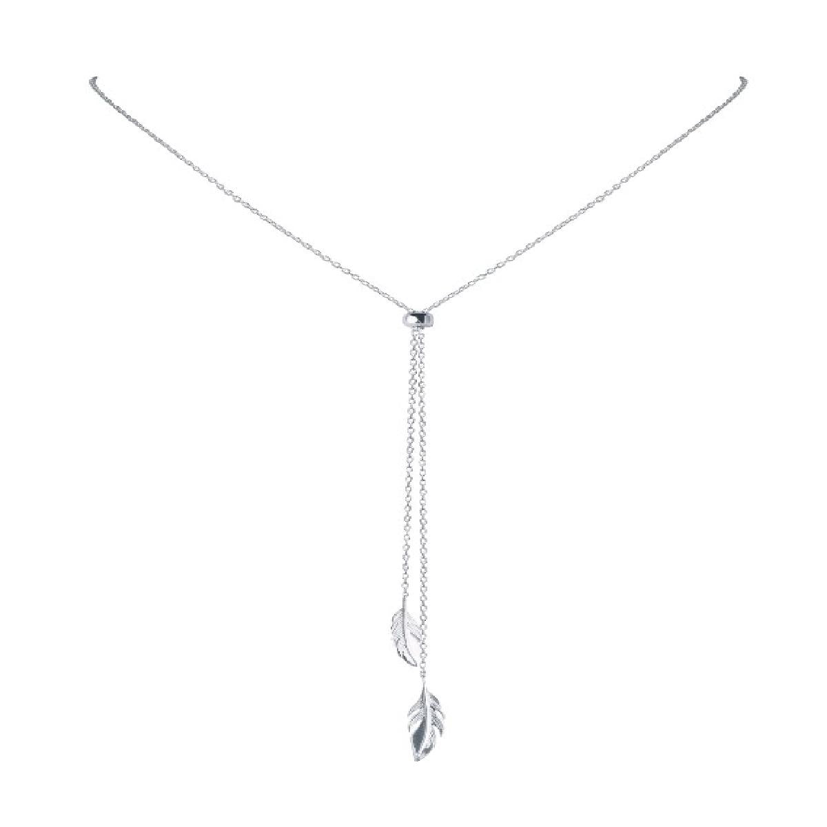 Collier AG925 – Argent Rhodié 925/1000 Longueur 60 cm Réglable Par Bille Mobile Au Dessus Des Deux Plumes