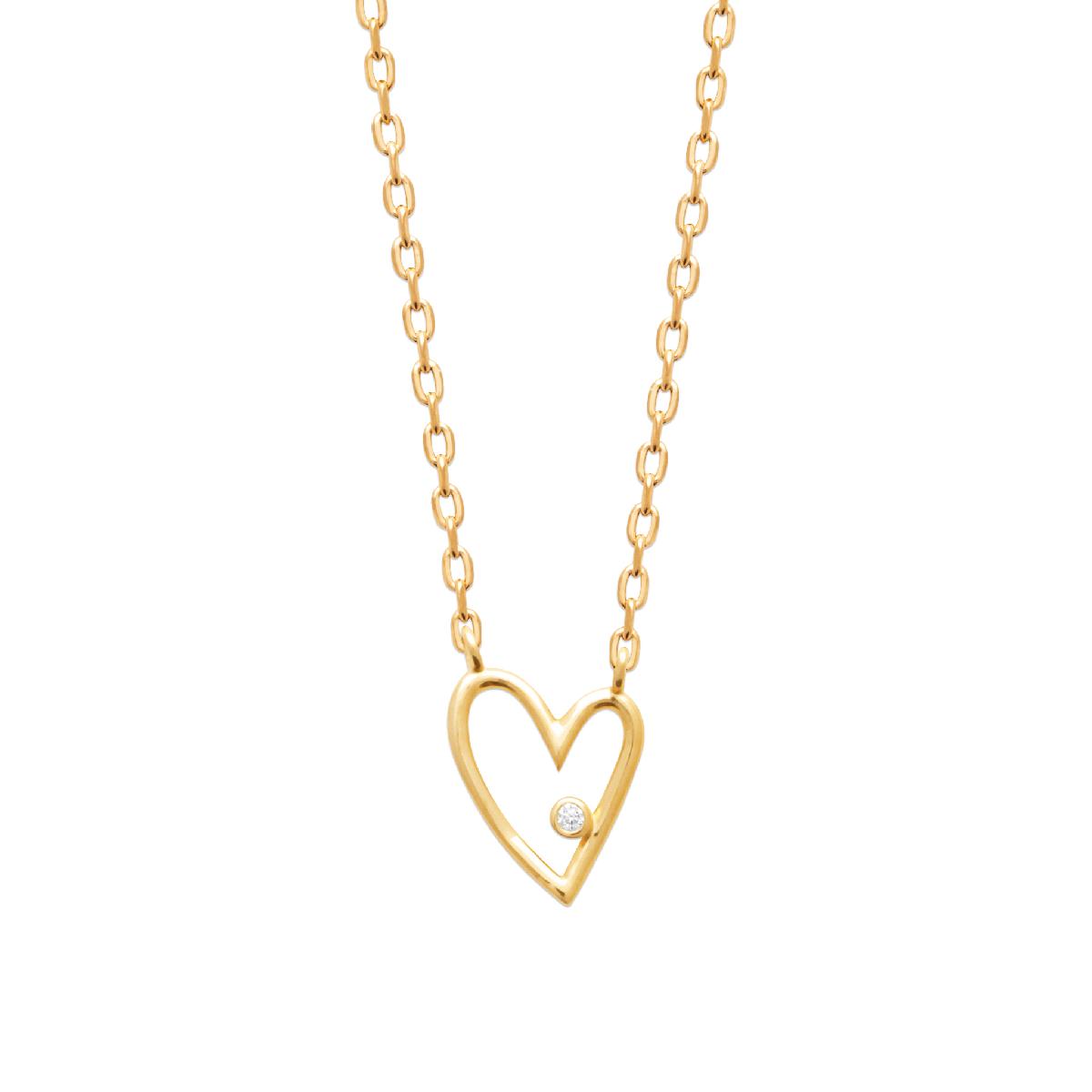 Collier Cœur Asymétrique Serti Oxyde de Zirconium, Pendentif Fixe – Or Plaqué 3 microns