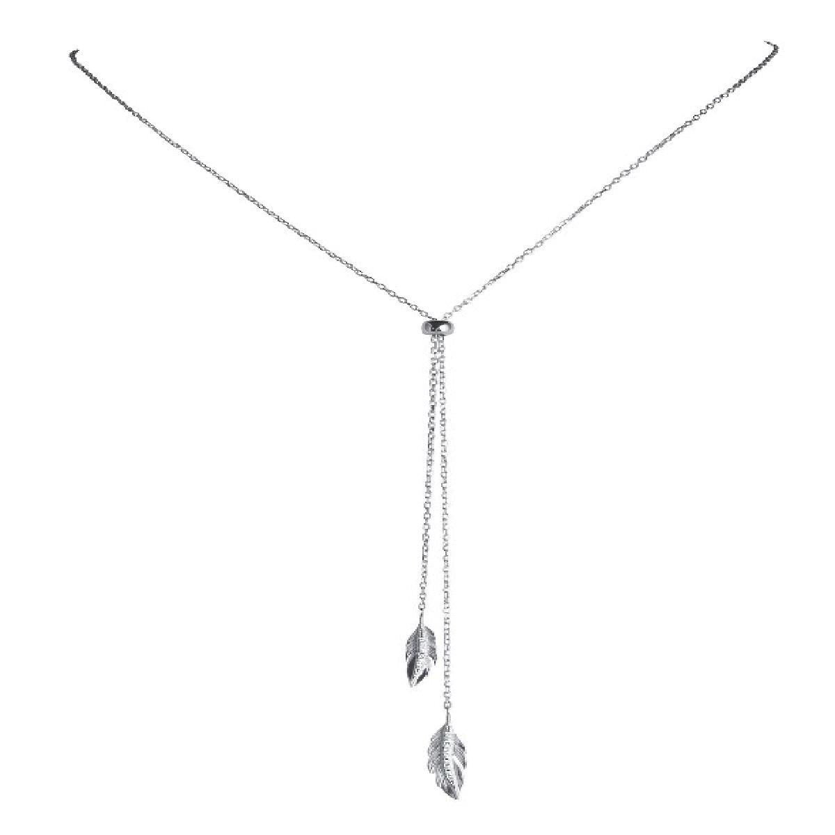 Collier AG925 Plumes – Argent Rhodié 925/1000 Réglable À 60 cm Bille Déplacée Pour Ras-De-Cou