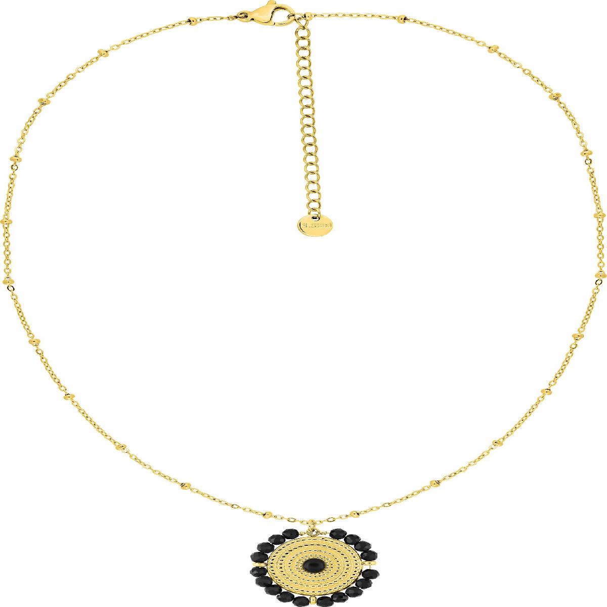 Collier Fantaisie à Billes – Pendentif Rond Agate Noire Sculptée et Gravée – Acier Doré