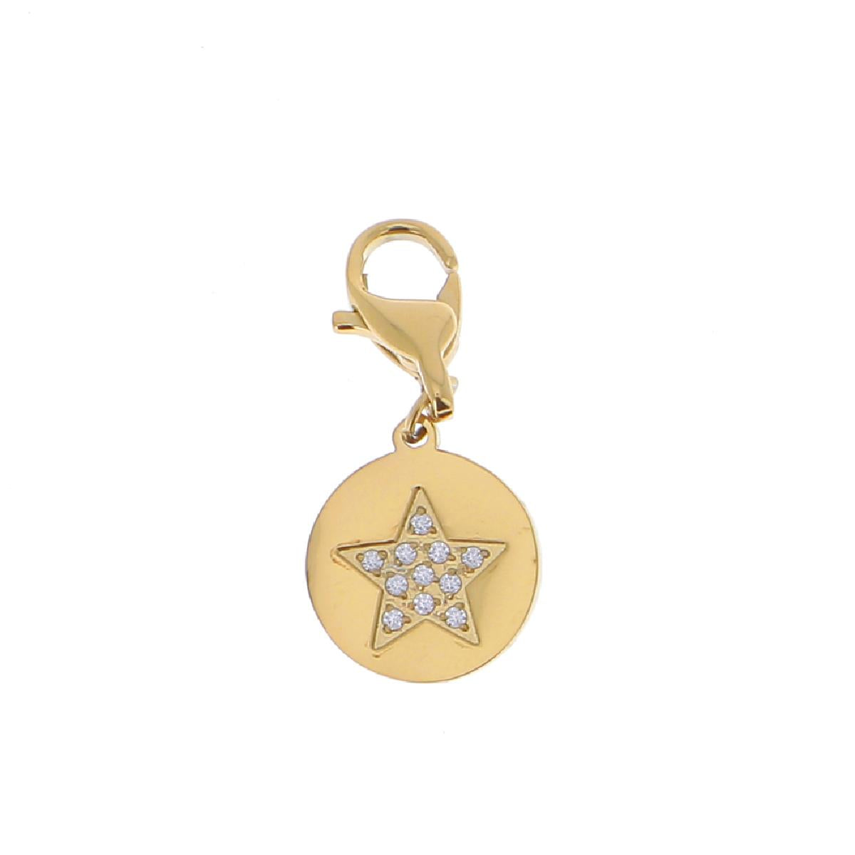 Pendentif Étoile Strass Blanc Pailleté Rond À Large Maille Gravable – Acier Doré