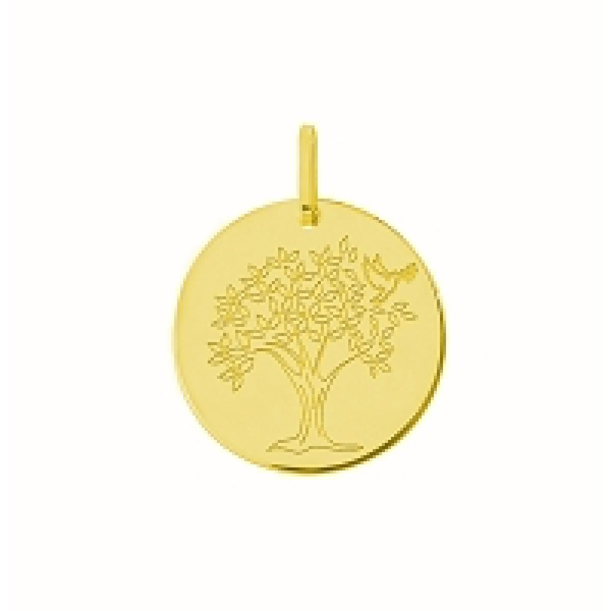 Pendentif en or jaune 375/1000 arbre de vie et colombe gravés, 16 mm de diamètre