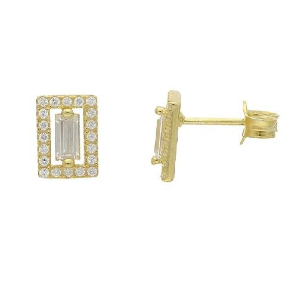 Boucles D'Oreilles Puces Rectangulaires Ajourées – Argent Doré 925 Et Oxyde Rectangulaire Serties