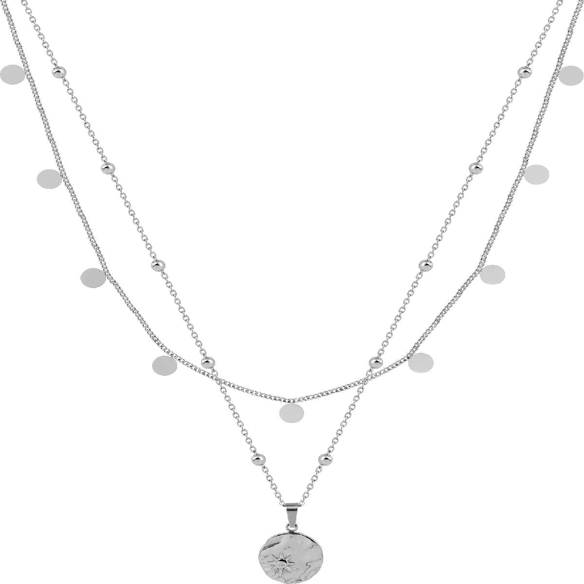 Collier Multi Rang Soleil et Boules Pendants Martelés 38 cm et 42 cm – Acier Argenté
