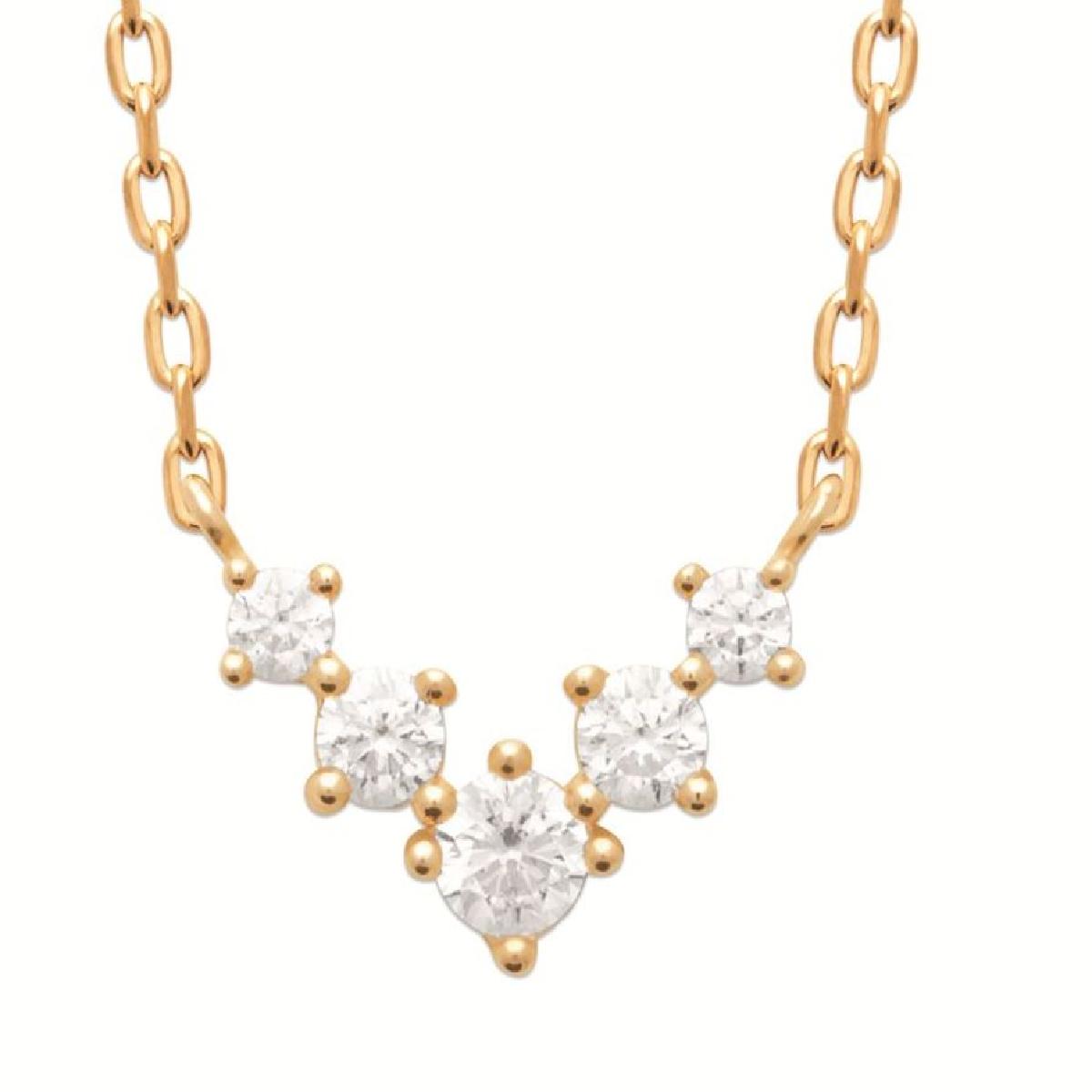 Collier en plaqué or avec cinq oxydes blancs sertis quatre griffes