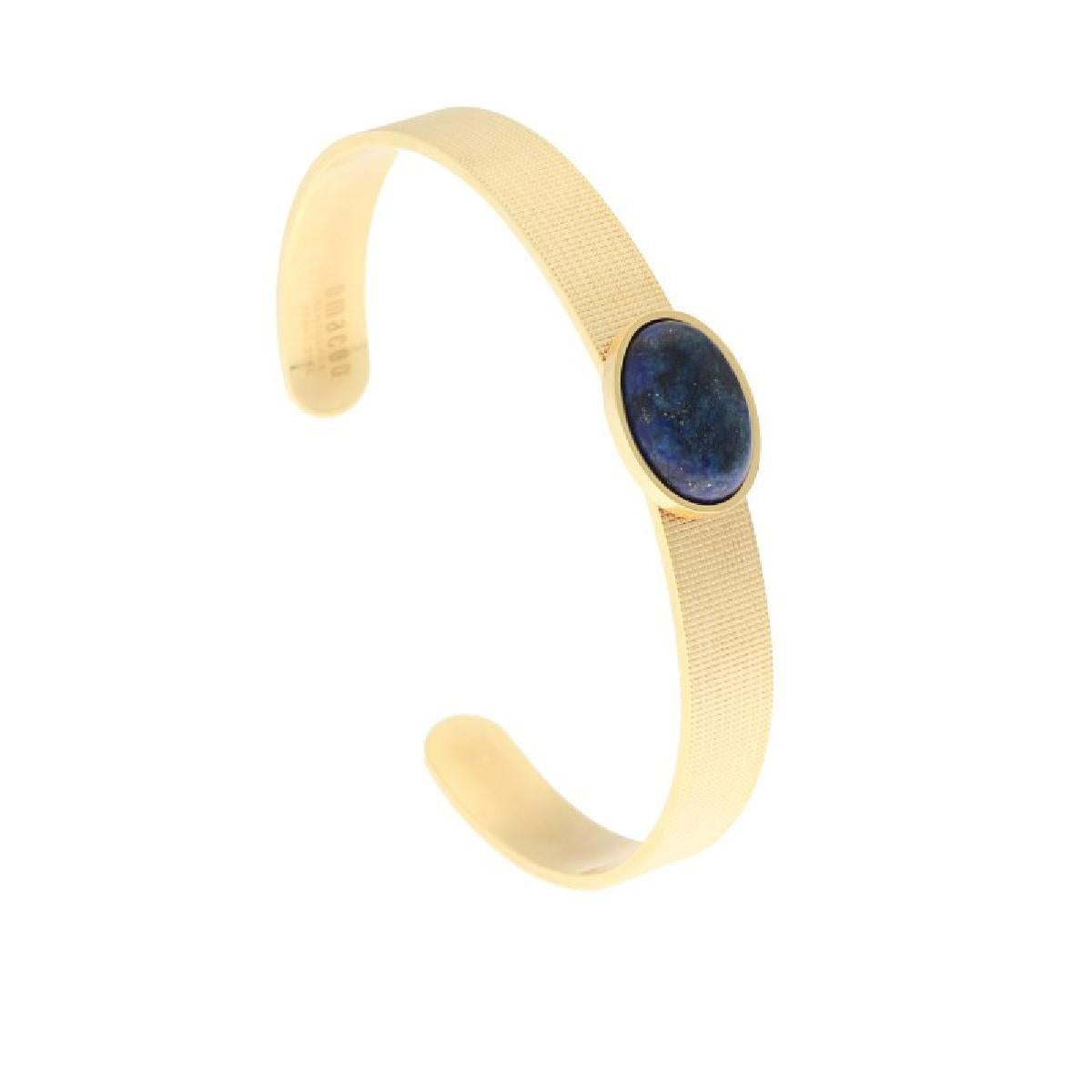 Bracelet Jonc Ouvert Rigide – Lapis Lazuli Cabochon Taillé Finement – Acier Jaune