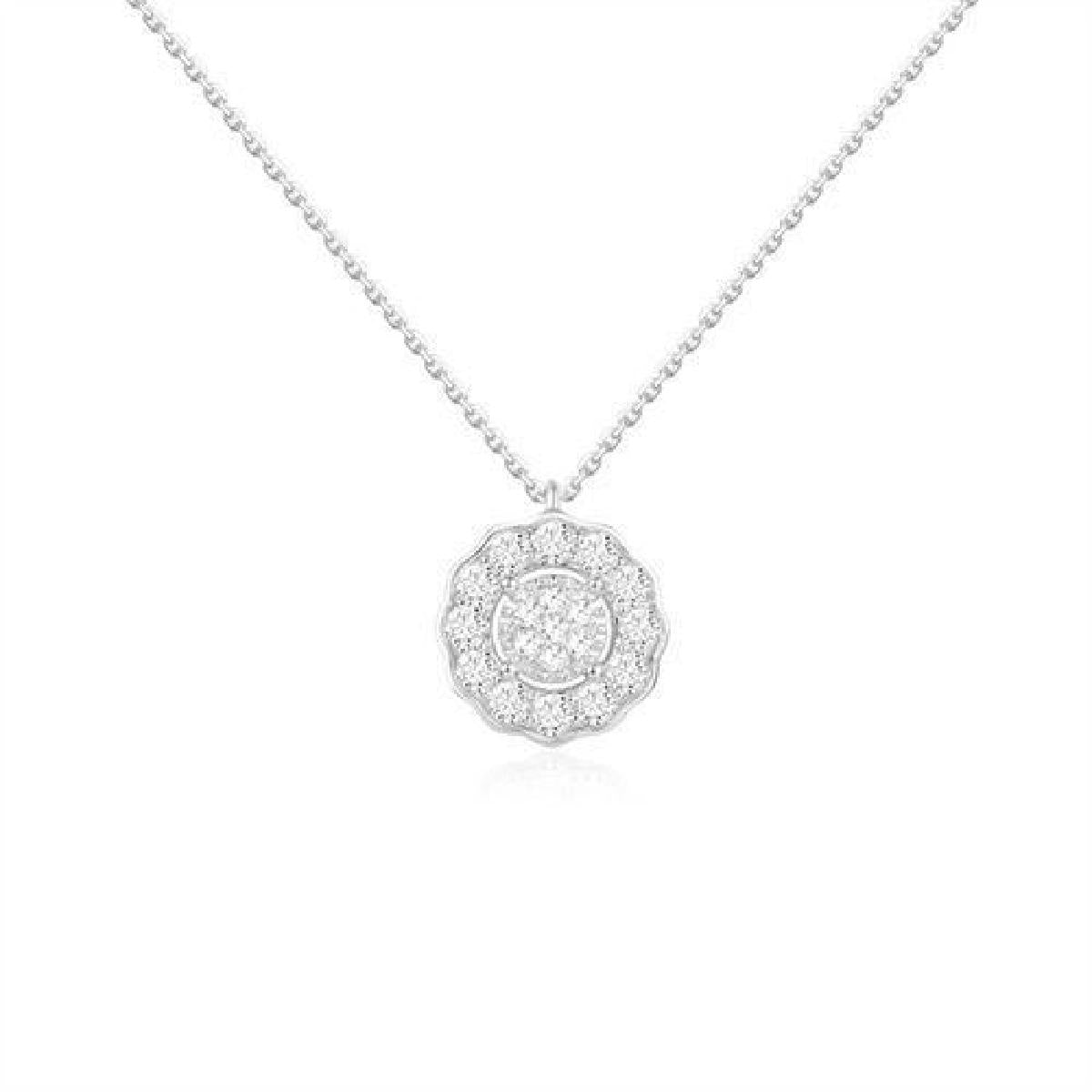 Collier AU375 Or Blanc 375 – Pendentif Fleur Serti D'Oxydes de Zirconium, Centre Lumineux