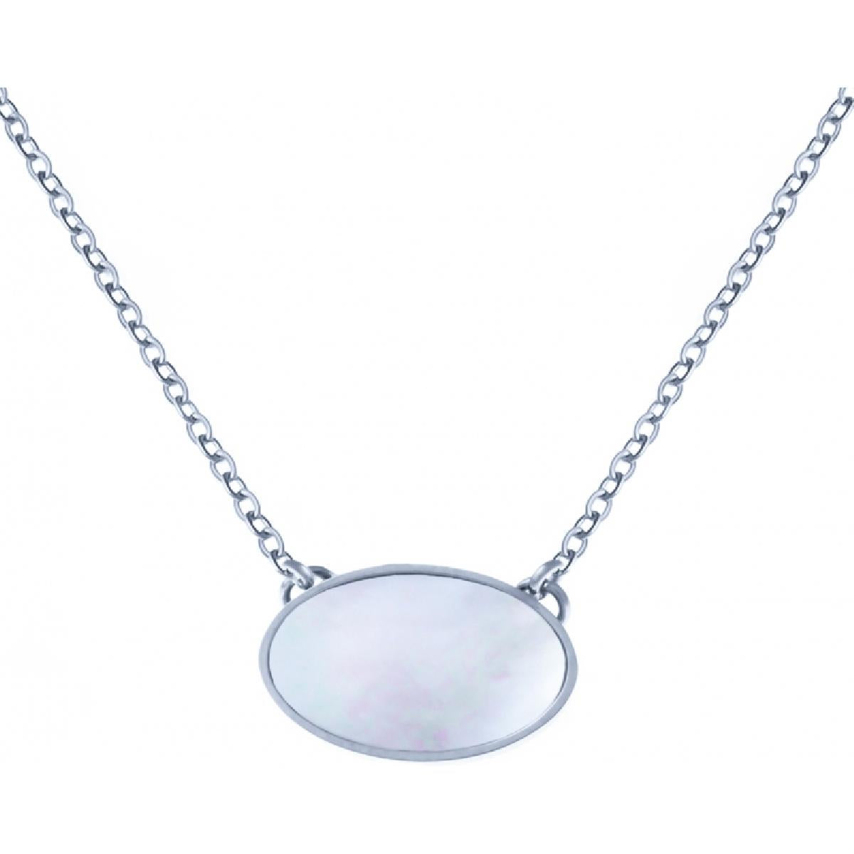 Collier Pendentif Ovale Nacre Irisée Naturelle Aspect Miroir Lumineux – Acier Inoxydable Argenté