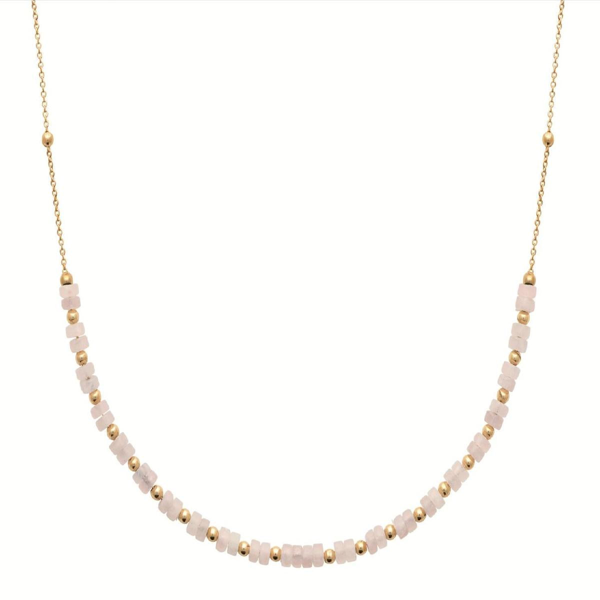 Collier Quartz Rose 45 Cm Plaqué Or Jaune 18 Carats Maille Fantaisie Mousqueton Fermeture