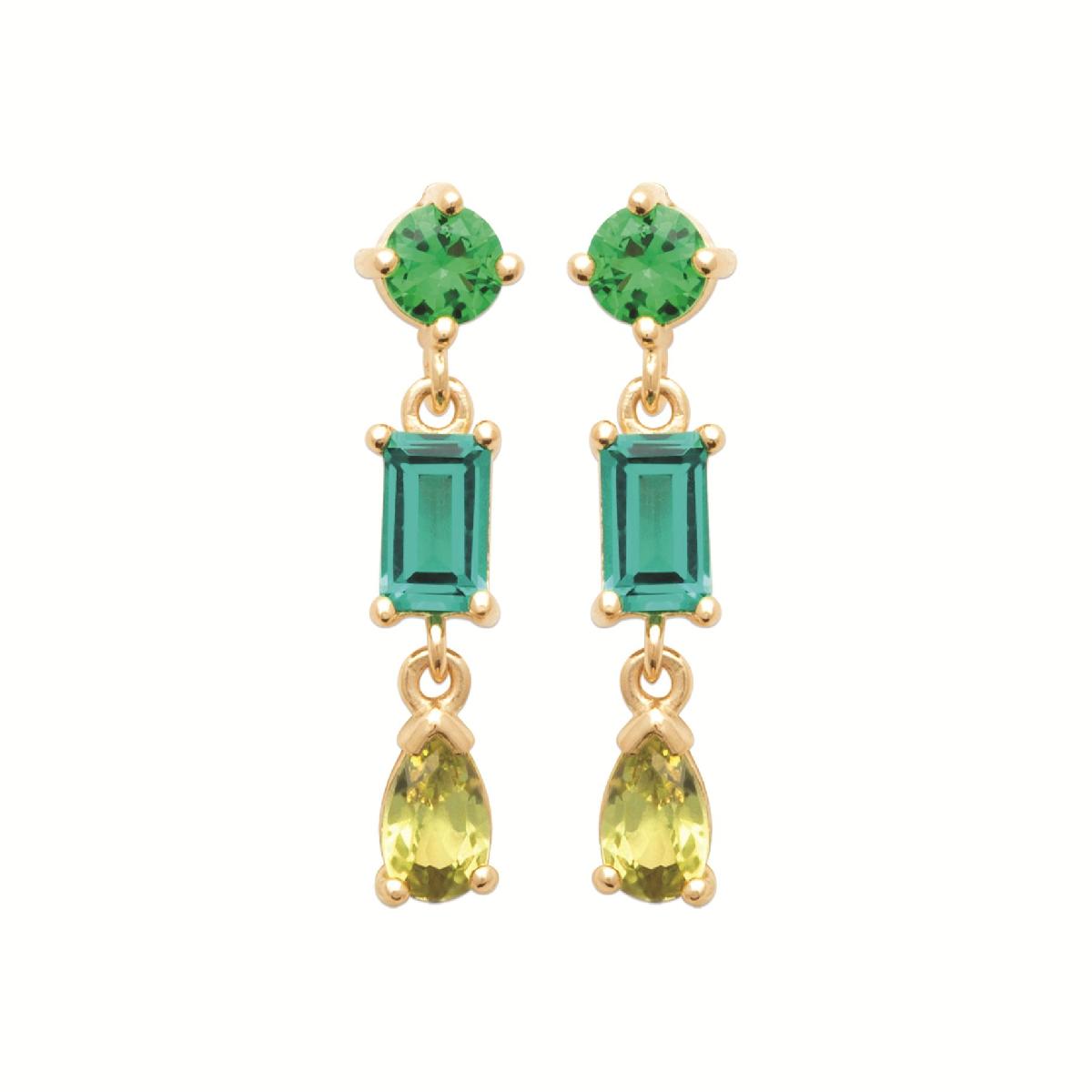 Boucles D'Oreilles Pendantes Trio Zirconium Plaqué Or 3 Microns Vert Bleu Canard Et Jaune