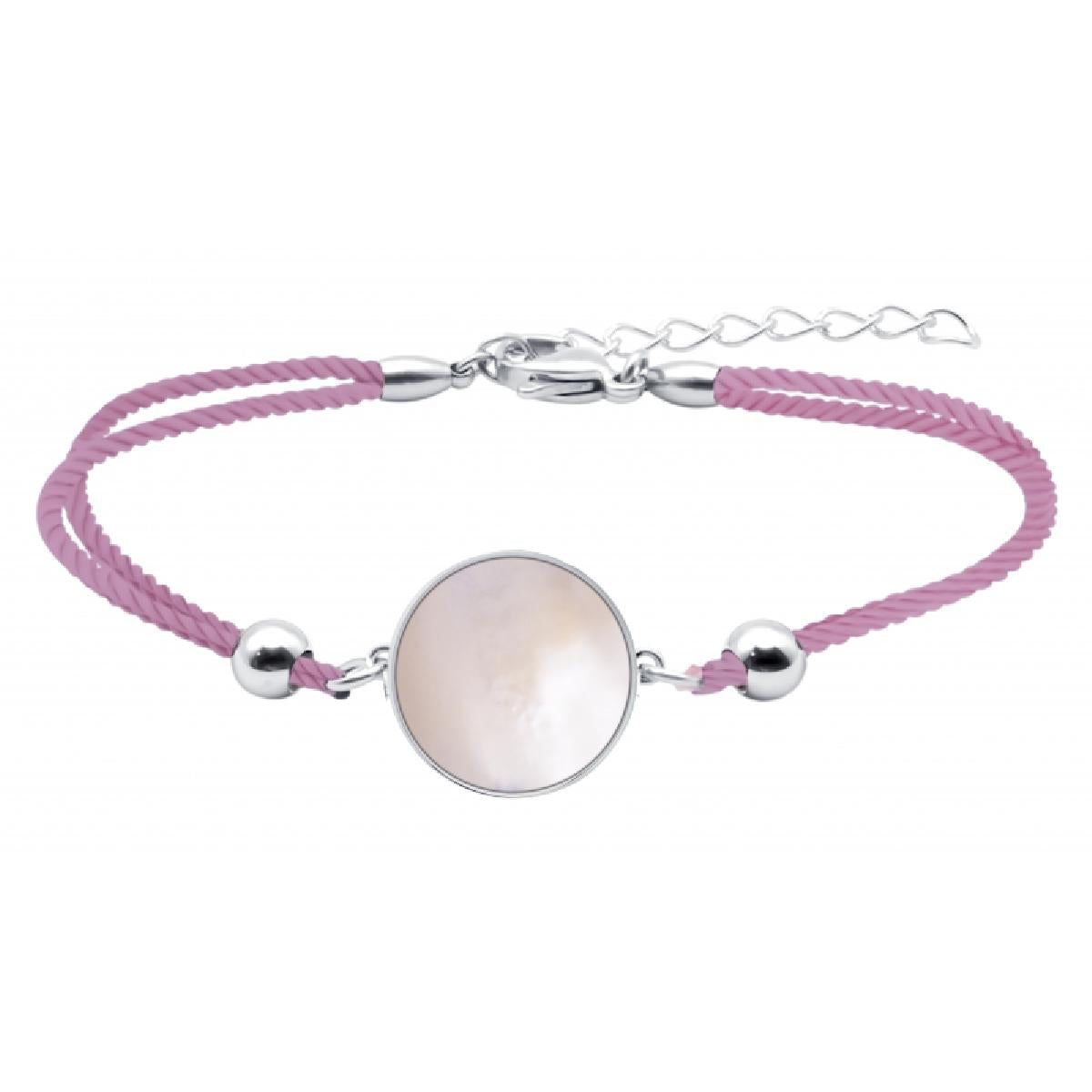 Bracelet Nacre Rose 18 mm Cordon Rose Double Tressé Avec Chaîne Réglable 5 cm – Acier Inoxydable