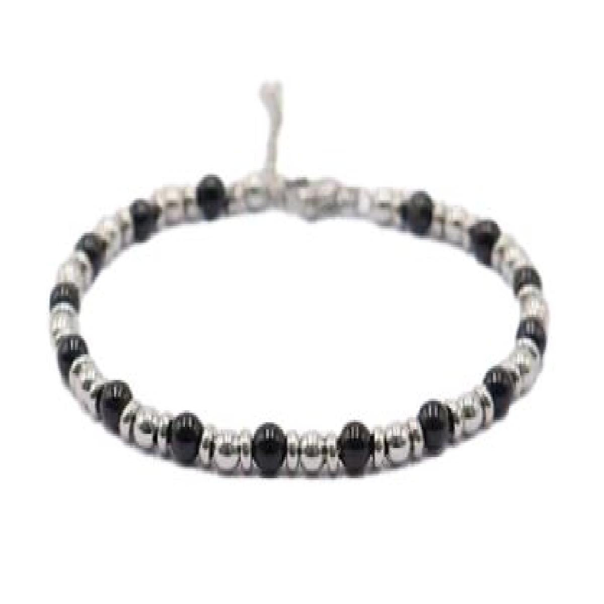 Bracelet – Pour Homme Billes Acier Et Agate Noire Avec Rallonge De 3 Cm – Acier Inoxydable